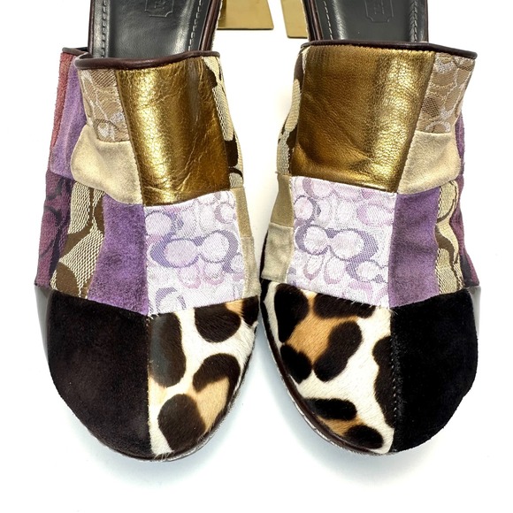 Y2KCoach Patchwork Platform Mules Leopard Calf Hair Metallic Leather Heels Multi - Picture 2 of 16